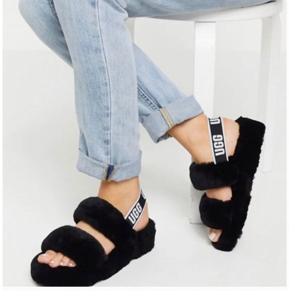 UGG Women's Oh Yeah Sheepskin Slippers Size 7 Black